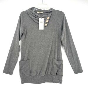 Miusey Cowl Neck Tunic Sweatshirt Top Size‎ S Gray Button Details Front Pockets
